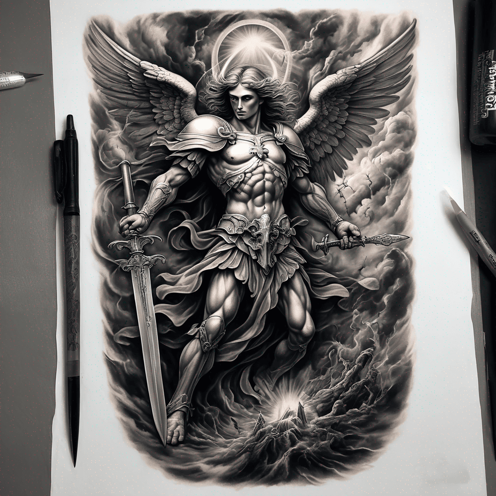 Saint Michael archangel slaying demon holding sword.