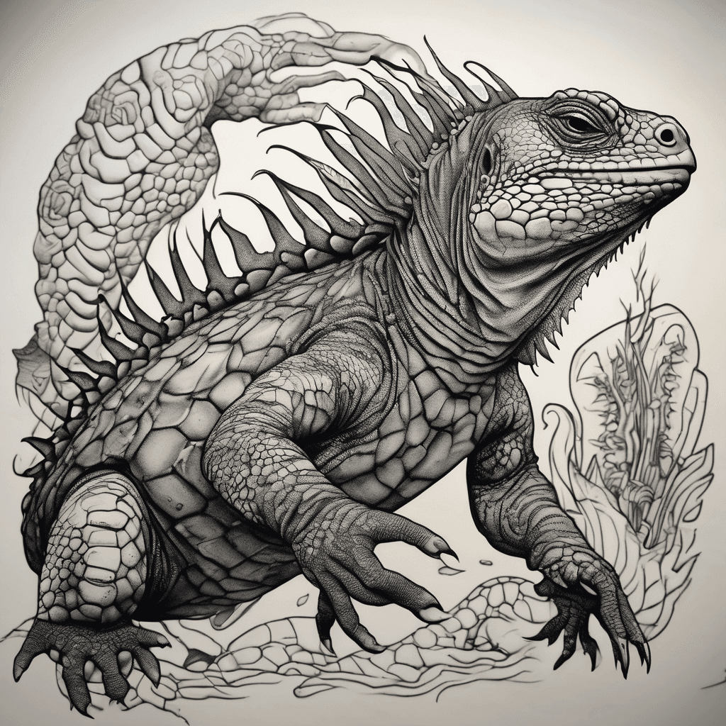 a full body marine iguana swimming around a turtle, polynesian style