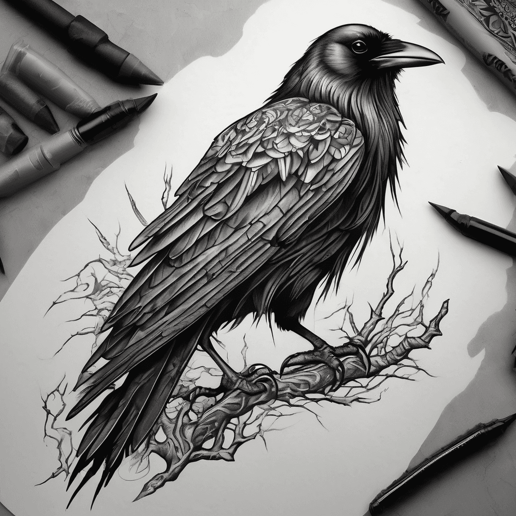Very dark-toned, highly detailed, realistic raven. Deep black shading, heavy blacks and strong contrast suitable for covering an old tattoo. Textured feathers with sharp details, intense dark tones, and a bright contrasting eye highlight. Dynamic pose, powerful and bold appearance. Black & grey style with maximum dark coverage for tattoo cover-up.