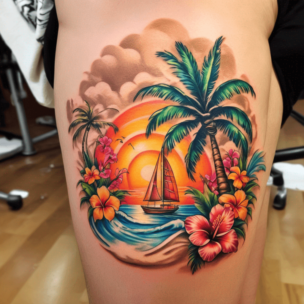 Tropical, Hawaiian, sand, flip flops, palm tree, waves, hawaiian flowers, small boat, bright, happy, sunshine.