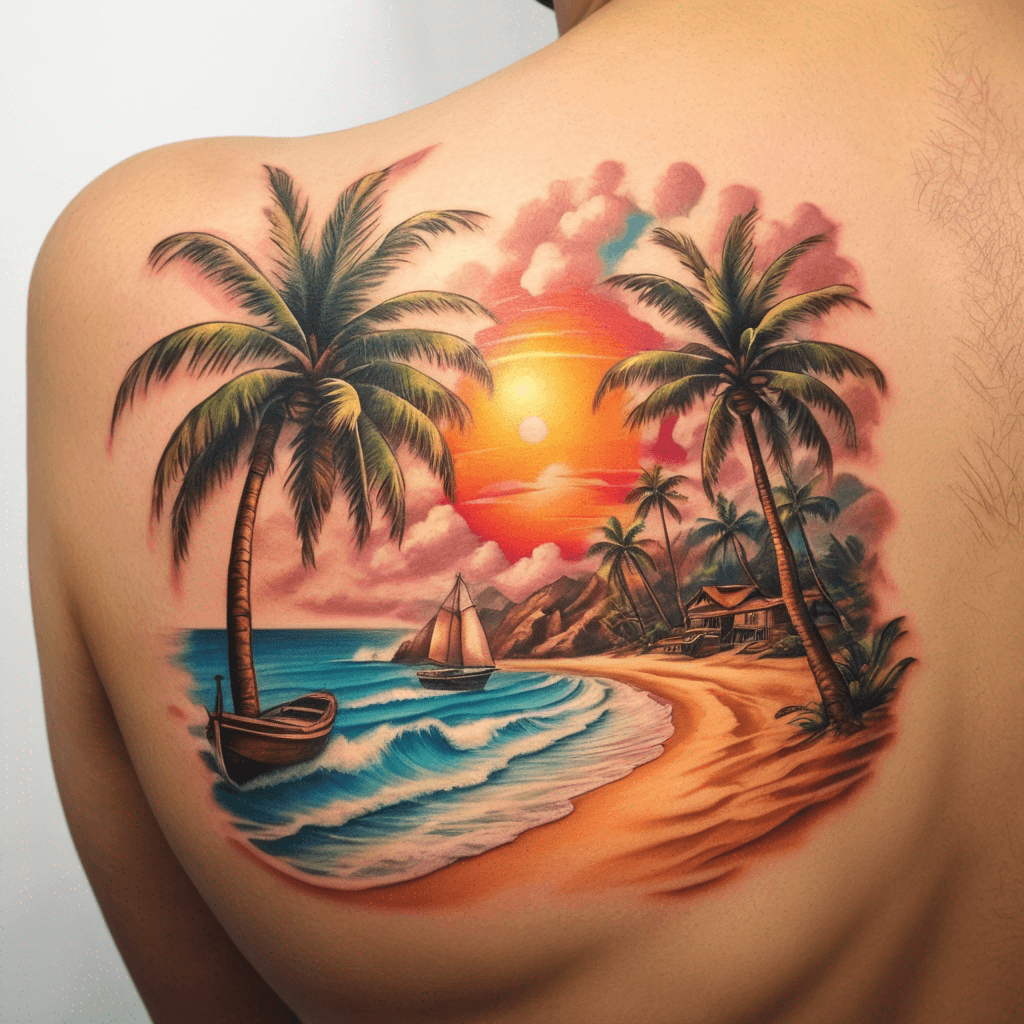 Tropical, Hawaiian, sand, palm tree, waves, hawaiian, small boat, bright, happy, sunshine.