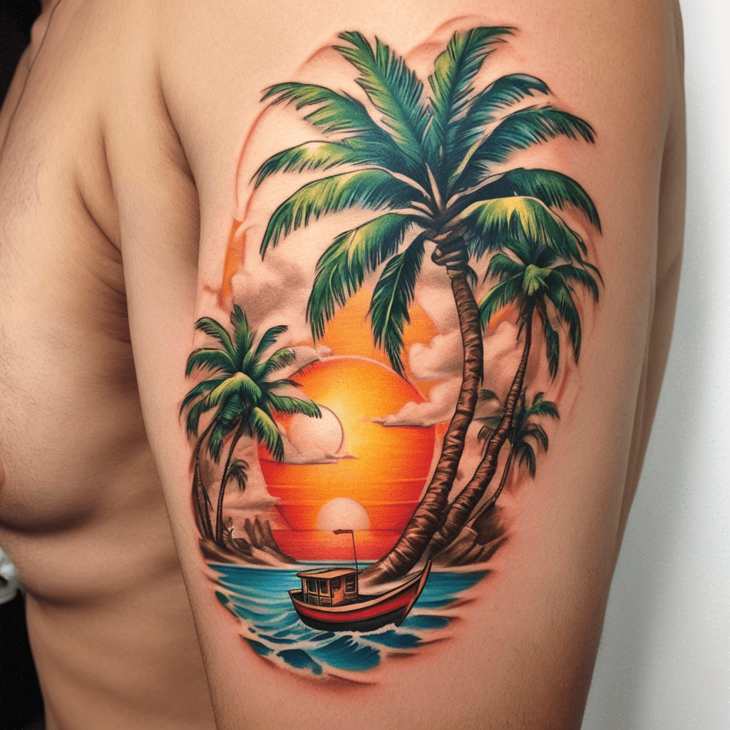 Tropical, Hawaiian, sand, palm tree, waves, hawaiian, small boat, bright, happy, sunshine.