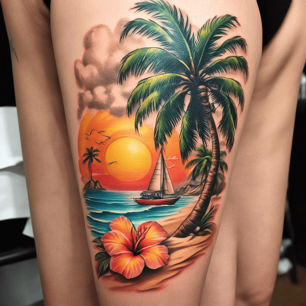 tropical with beach, sand, palm tree, boat and full of sunshine
