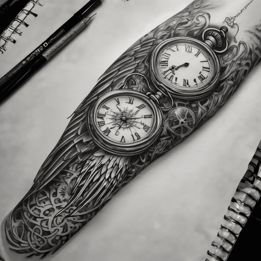 Arm sleeve. The forefront is a pocket watch with the time reading 10:31 to honor my best friend who was killed. I’d like a skeleton key incorporated in it which could also be the hands. It can be broken along the side. Something abstract like wings or a compass with map for my aviation career. Maybe true north points to my faith in Jesus.