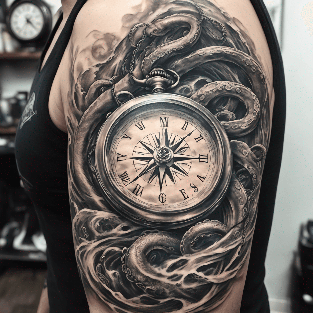A swirling ocean scene featuring a compass, pocket watch, shipwreck, octopus, and waves, intertwined with ropes and anchors for depth and flow. slevve