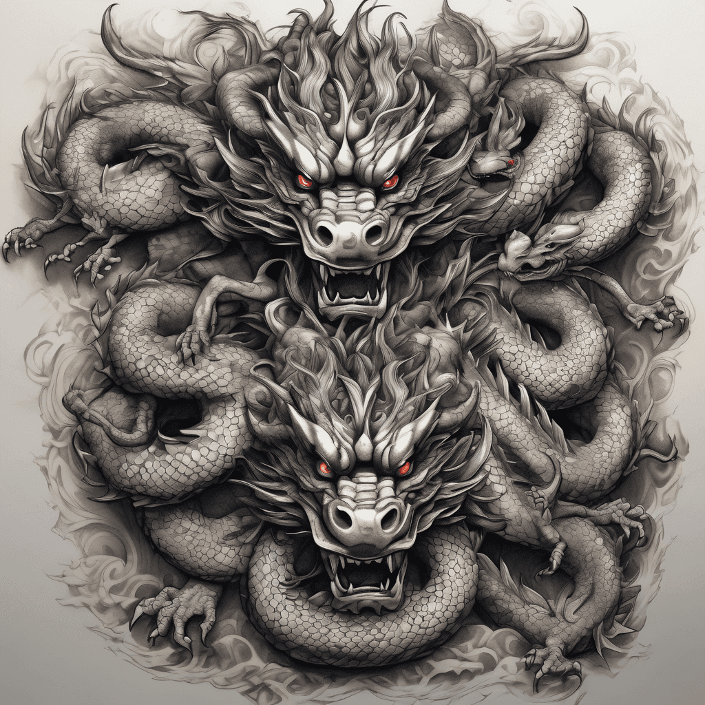 Six Chinese Dragons wrapped around each other in the shape of a cross. They should be the colors Red, Blue, Yellow, White, Black, or Purple. Each one is a different color.