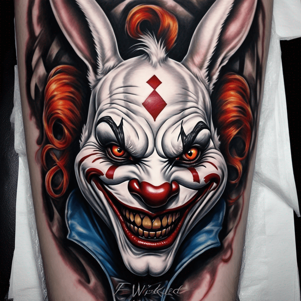 Evil White Rabbit from Wonderland, wearing ICP wicked clown face paint, sinister grin, vivid colors, intricate details, dark fantasy vibe.
