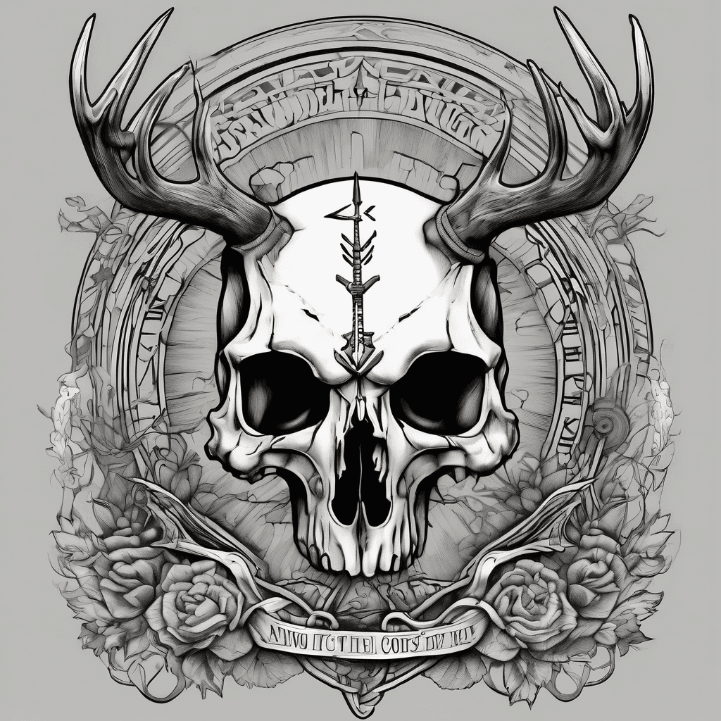 These words “And it comes to me that the soothing light at the end of the tunnel is just a freight train coming your way” with a whitetail deer skull and an arrow in infinity pattern