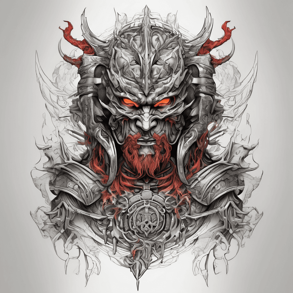 Vibrant colour tattoo consists of asmodeus sigil, samurai background and fallen angel knight with armour, include gates of hell