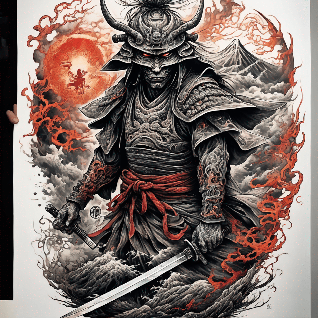 "Hellish Japanese samurai landscape; full-figure hooded angel wielding an ancient sword with Asmodeus sigil, adorned in intricate ornamental armor."