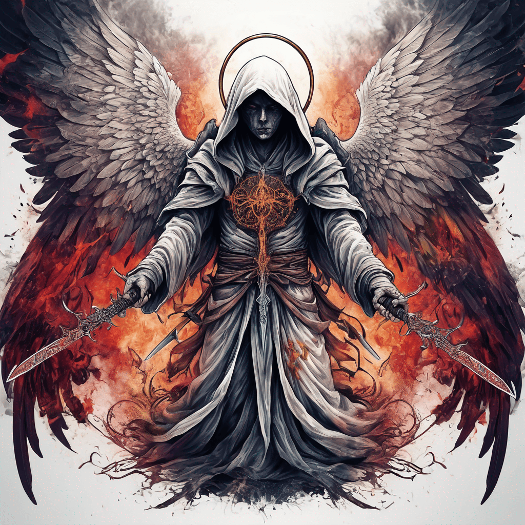 Hooded angel with full wings and ancient ceremonial sword, set against a hellish backdrop with Japanese colors and Asmodeus sigil.