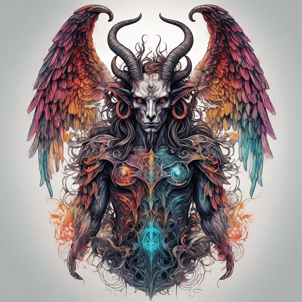 "Vivid Baphomet-inspired angel with ordance body armour in standing pose with majestic, intricate wings, showcasing vibrant colors and ethereal details for a captivating tattoo."
