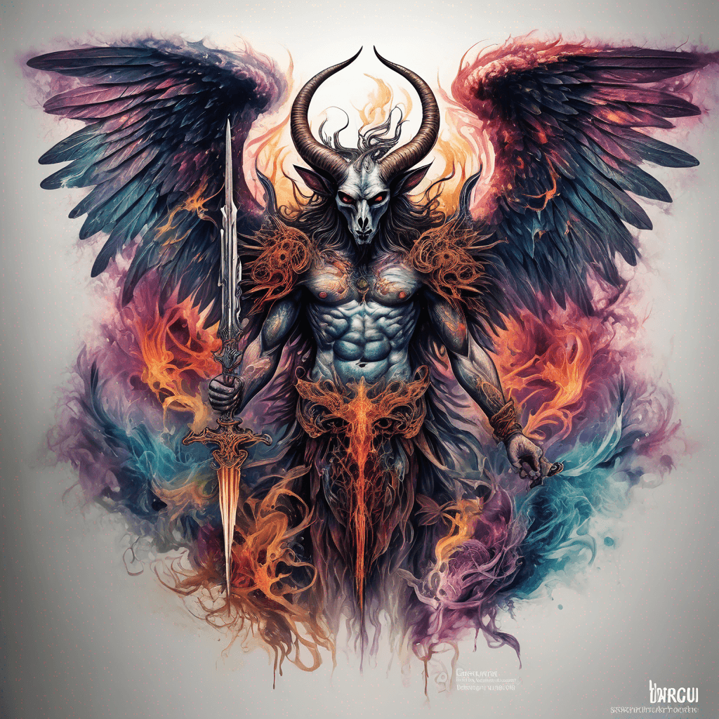 "Vivid fierce Baphomet-inspired male angel with ordnance body armor and ceremonial sword in half body pose with majestic, intricate wings, showcasing vibrant colors and ethereal details for a captivating tattoo."