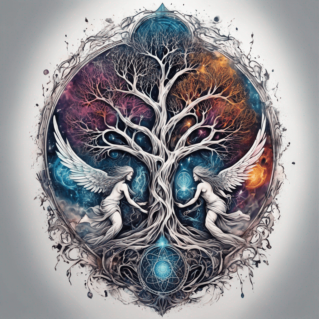 Intricate tattoo design inspired by Bible mythology, featuring detailed angels, biblical texts, and symbolic elements like the Tree of Life.
