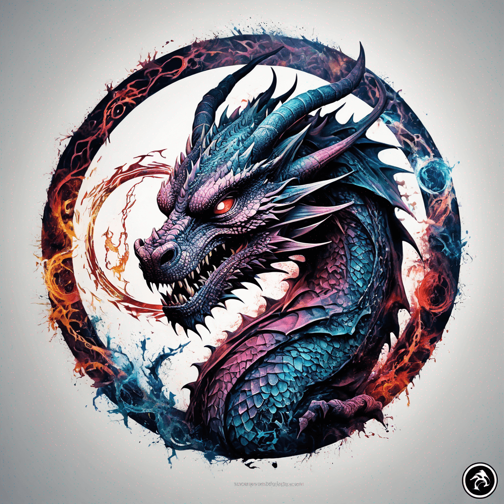 Dragon inspired by mortal kombat logo inside a perfect round circle with intricate and complex design