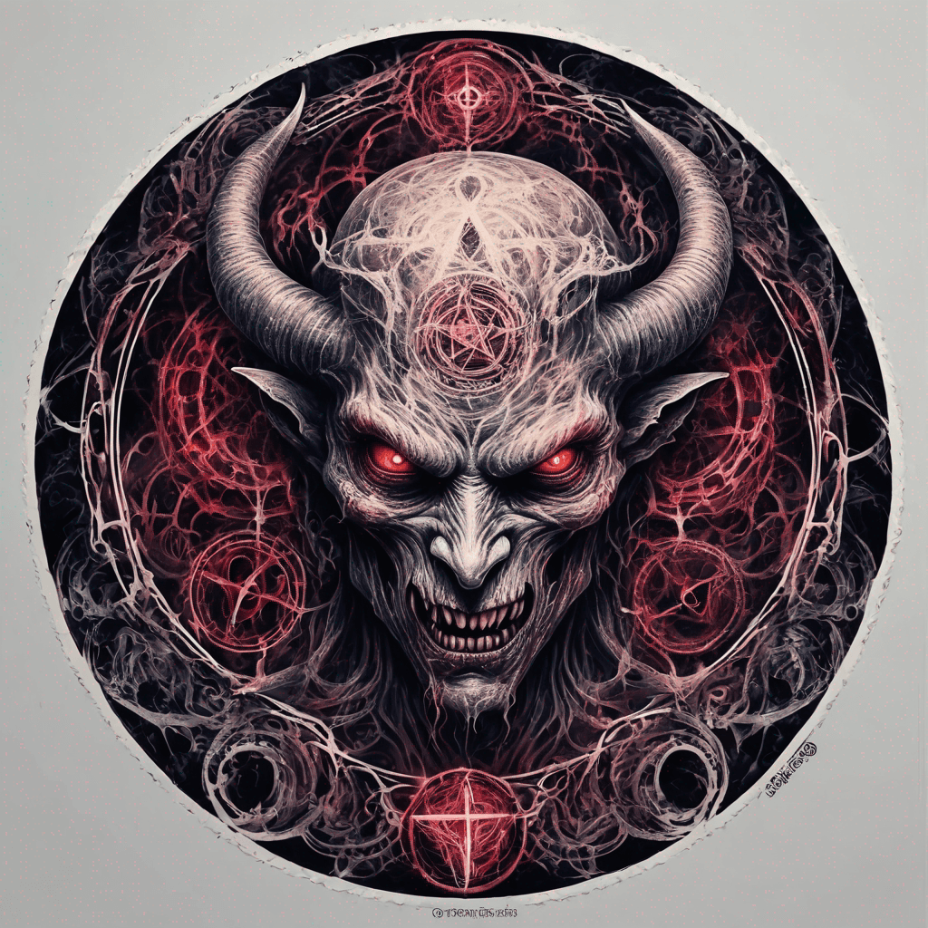 Demon inspired by satanic bible inside a perfect round circle with intricate and complex design