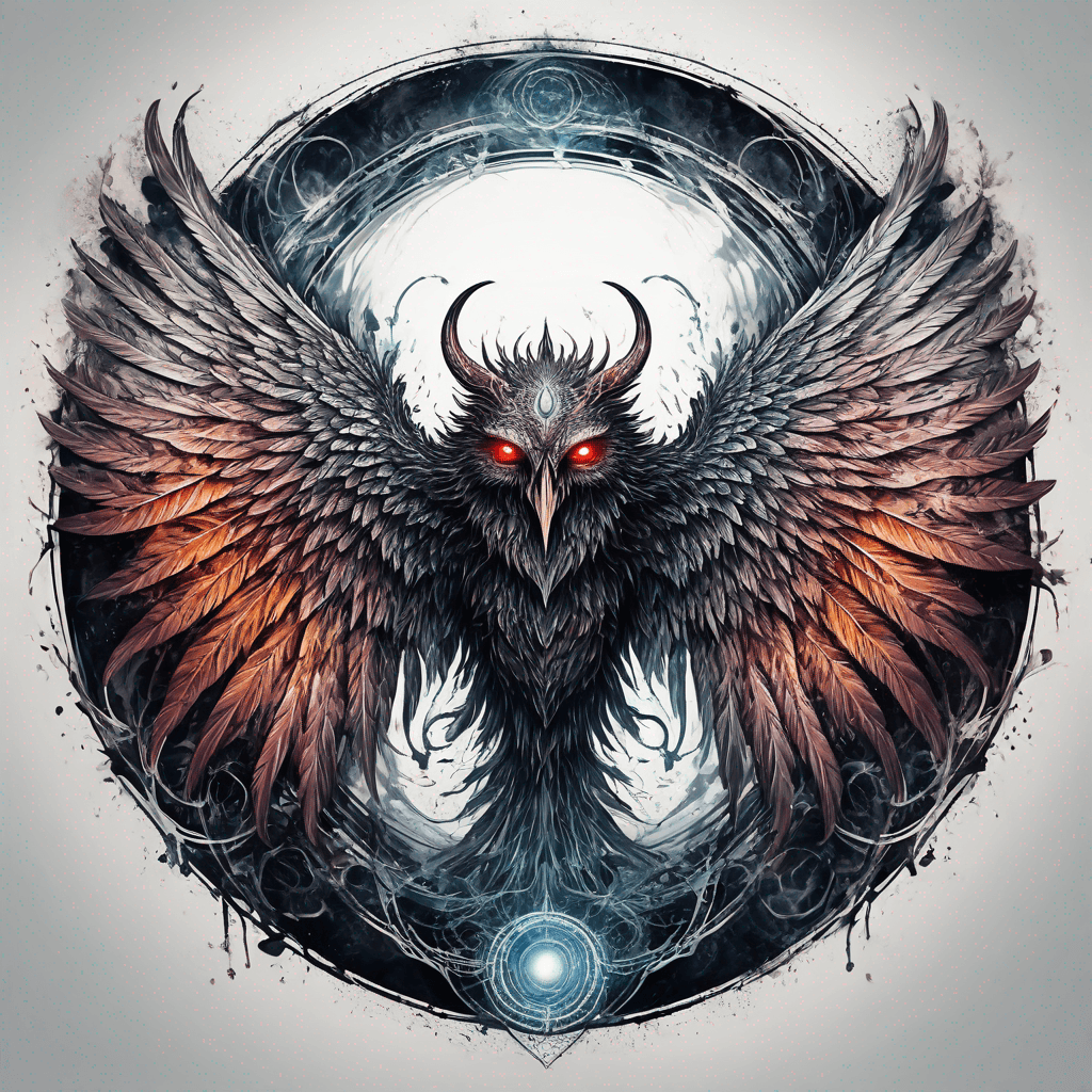 Majestic wings span outward from a perfect circle, each adorned with a fierce demonic face, embodying power and darkness in intricate detail.