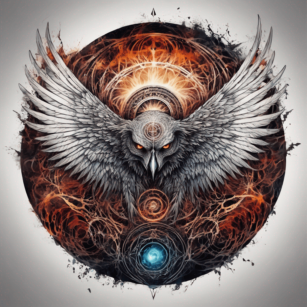 Majestic wings span outward from a perfect circle, each adorned with a fierce demonic face, embodying power and darkness in intricate detail.