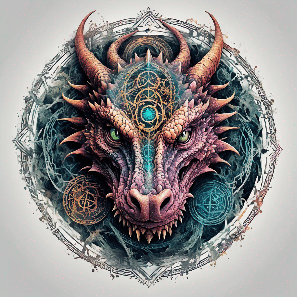 Detailed dragon head facing forward encircled by an ornate round frame, featuring intricate ancient runes etched around the edges.