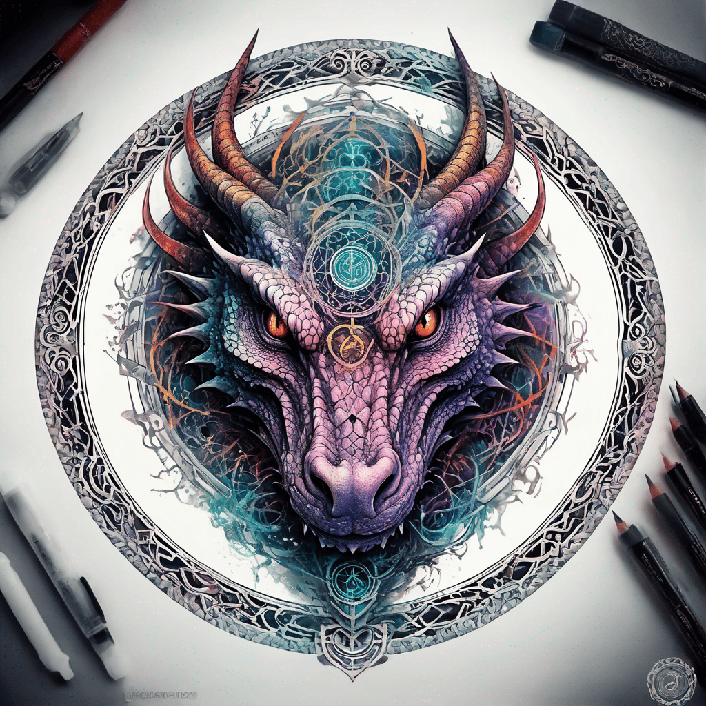 Detailed dragon head facing forward encircled by an ornate round frame, featuring intricate ancient runes etched around the edges.