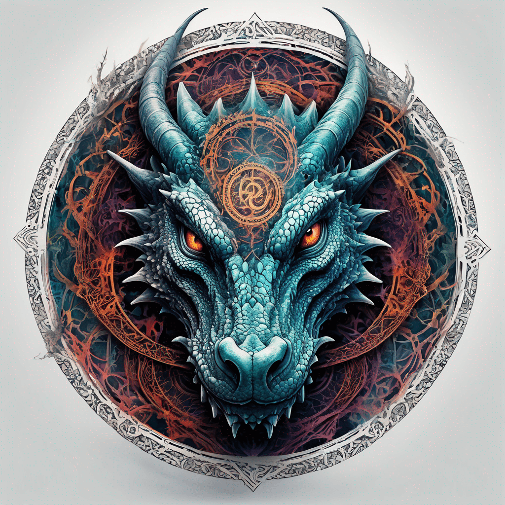 Detailed dragon head facing forward encircled by an ornate round frame, featuring intricate ancient runes etched around the edges.