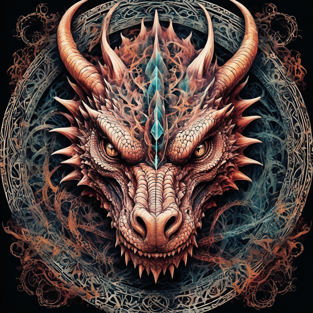 Fierce, highly detailed dragon head facing forward, enclosed in an ornate circular frame adorned with intricate ancient runes along the border.