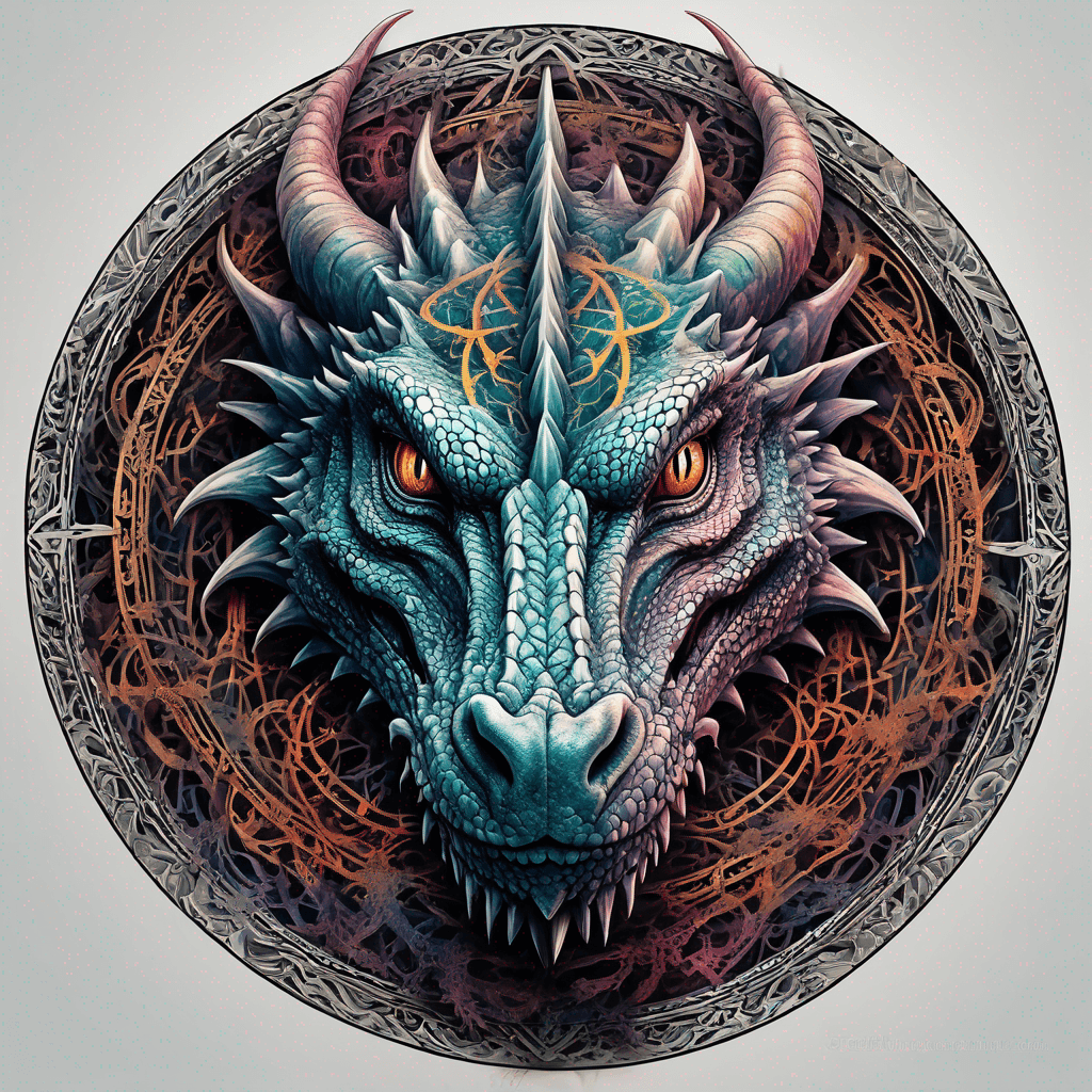 Fierce, highly detailed dragon head facing forward, enclosed in an ornate circular frame adorned with intricate ancient runes along the border.