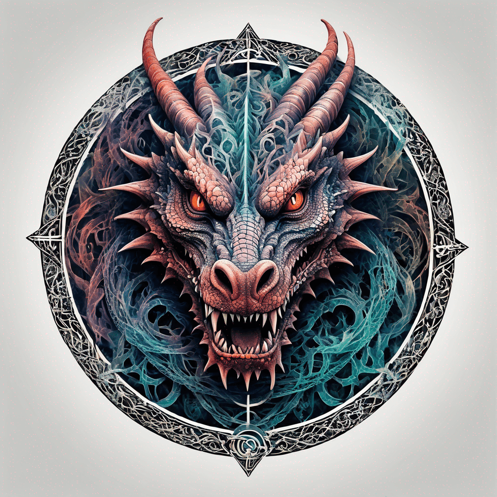 Fierce, highly detailed dragon head facing forward, enclosed in an ornate circular frame adorned with intricate ancient runes along the border.