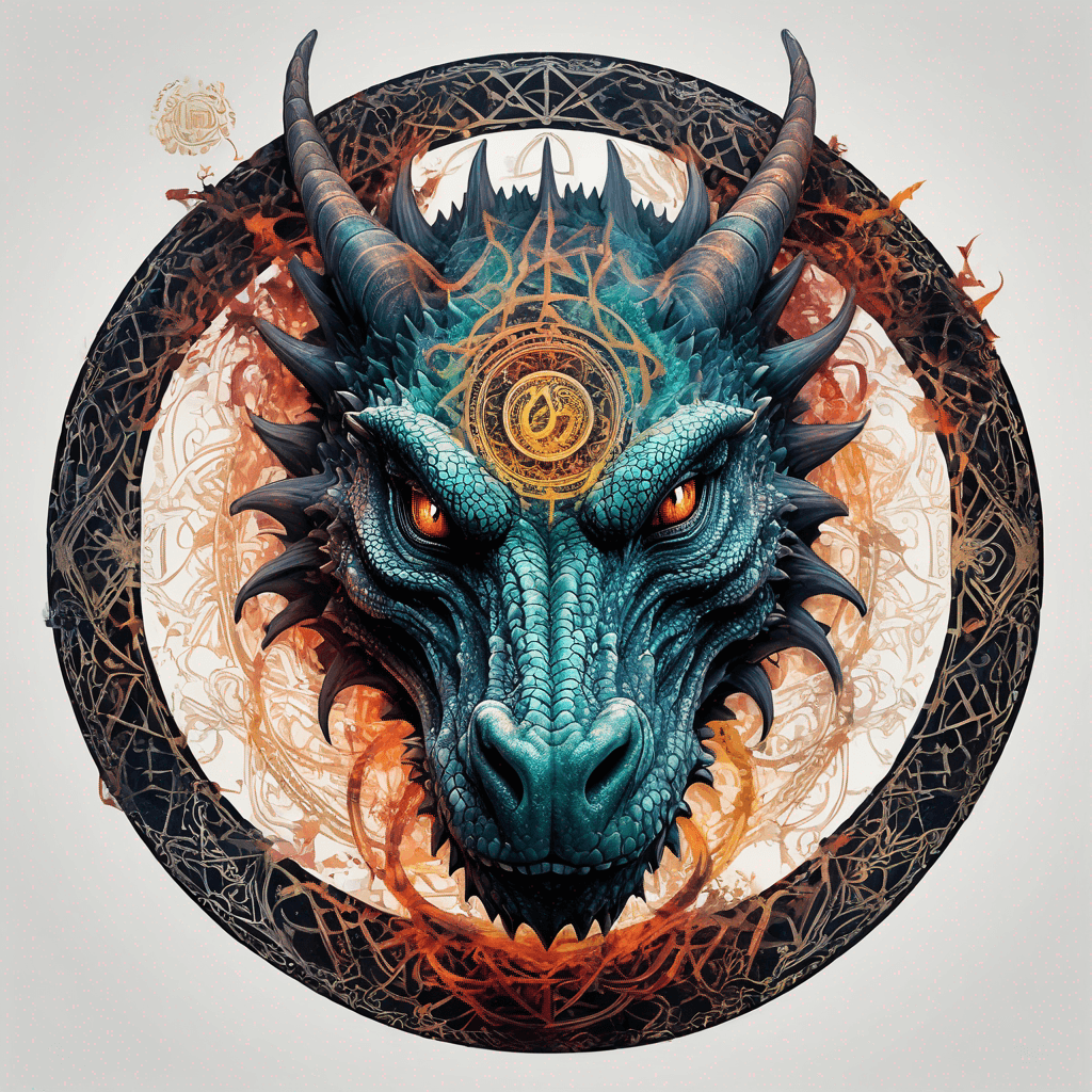 Fierce, highly detailed dragon head facing forward, enclosed in an ornate circular frame adorned with intricate ancient runes along the border.