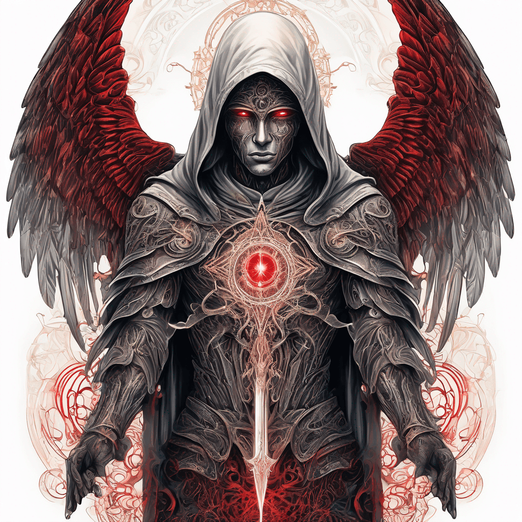 male Hooded ancient angel with red eyes in intricate ornate armor, majestic wings fully spread, surrounded by an enchanted rectangle, wielding a ceremonial dagger, glowing with celestial light and vivid vibrant colour