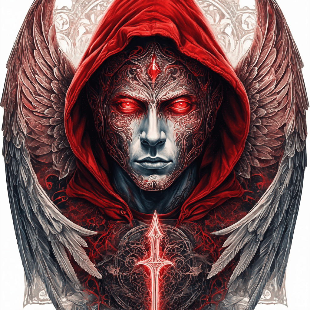 Male red hooded ancient angel with piercing red eyes, ornate majestic armor, majestic outstretched wings, enchanted glow, wielding a celestial dagger; vivid colors : enclosed inside a rectangle border with intricate ancient lines