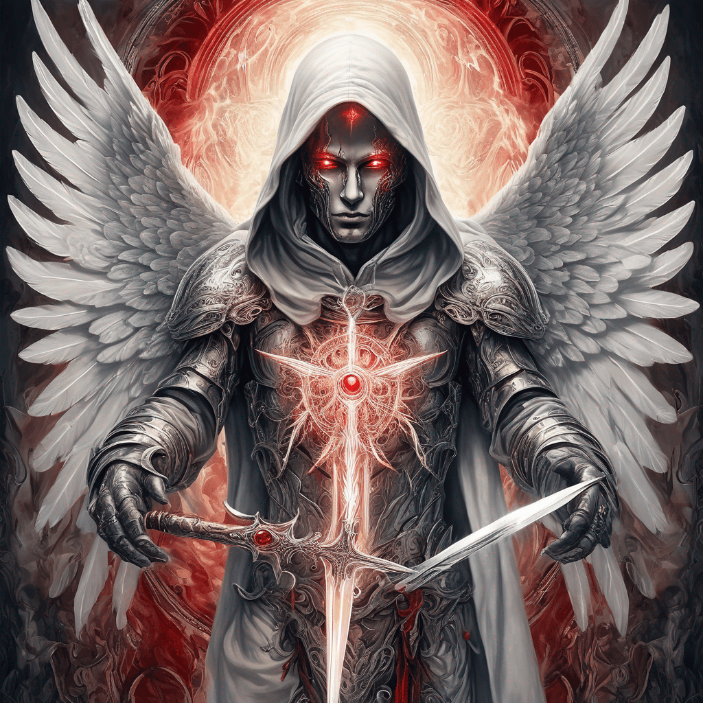 Male hooded ancient angel with piercing red eyes, ornate silver armor, majestic wings outstretched, surrounded by an enchanted glow, wielding a celestial dagger ; entire image should be inside a rectangle border