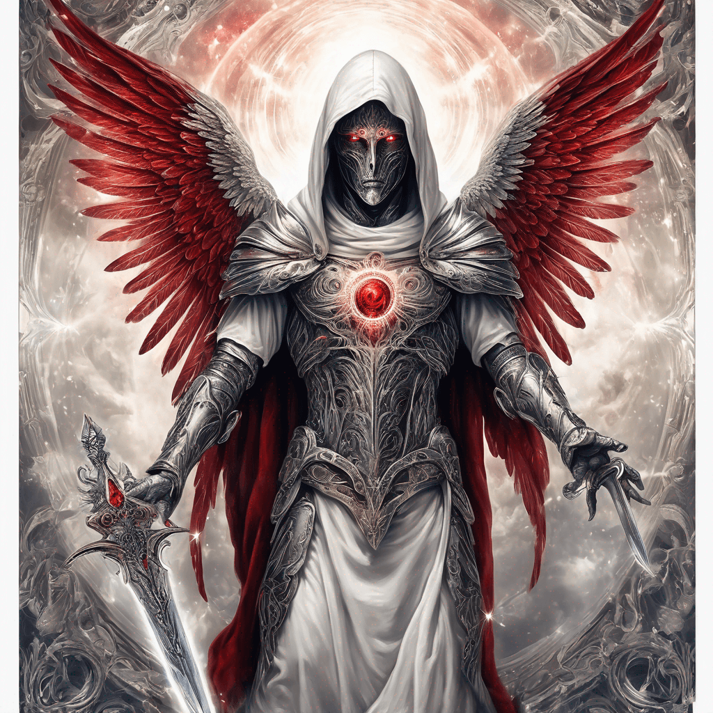 Male hooded ancient angel with piercing red eyes, ornate silver armor, majestic wings outstretched, surrounded by an enchanted glow, wielding a celestial dagger ; entire image should be inside a rectangle border
