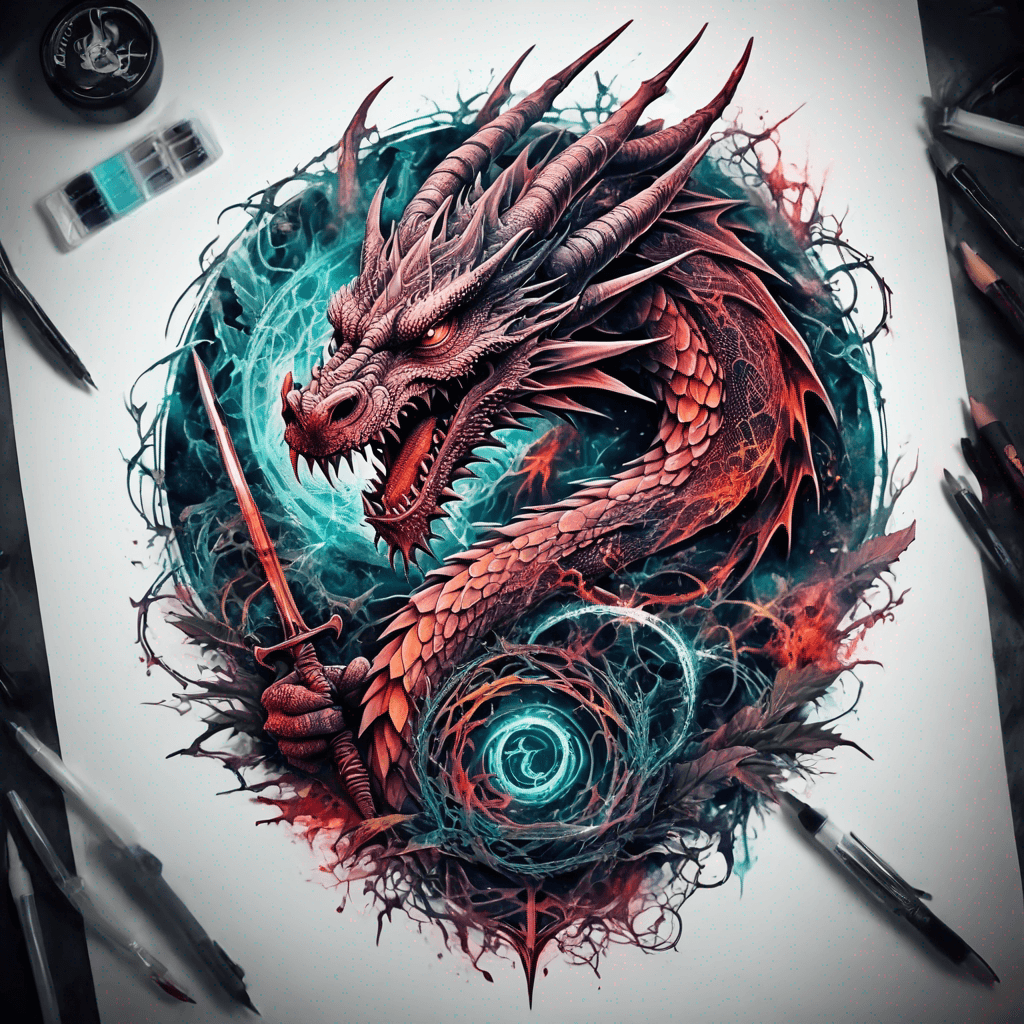 dragon encircled with thorns and sword