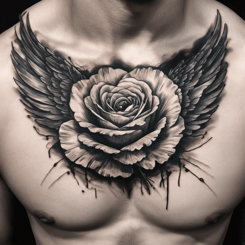 A wing on a male's front chest. Add a small rose add a poppy