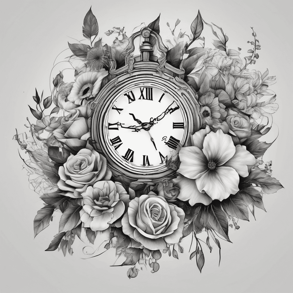 Clock at 6:36 with surrounding flowers