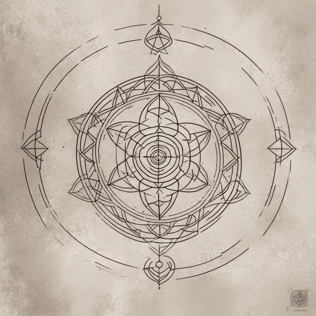 Sacred-geometry mandala: still central stone, spiraling arms of motion, Pictish knotwork and crescent marks hinting continual becoming.