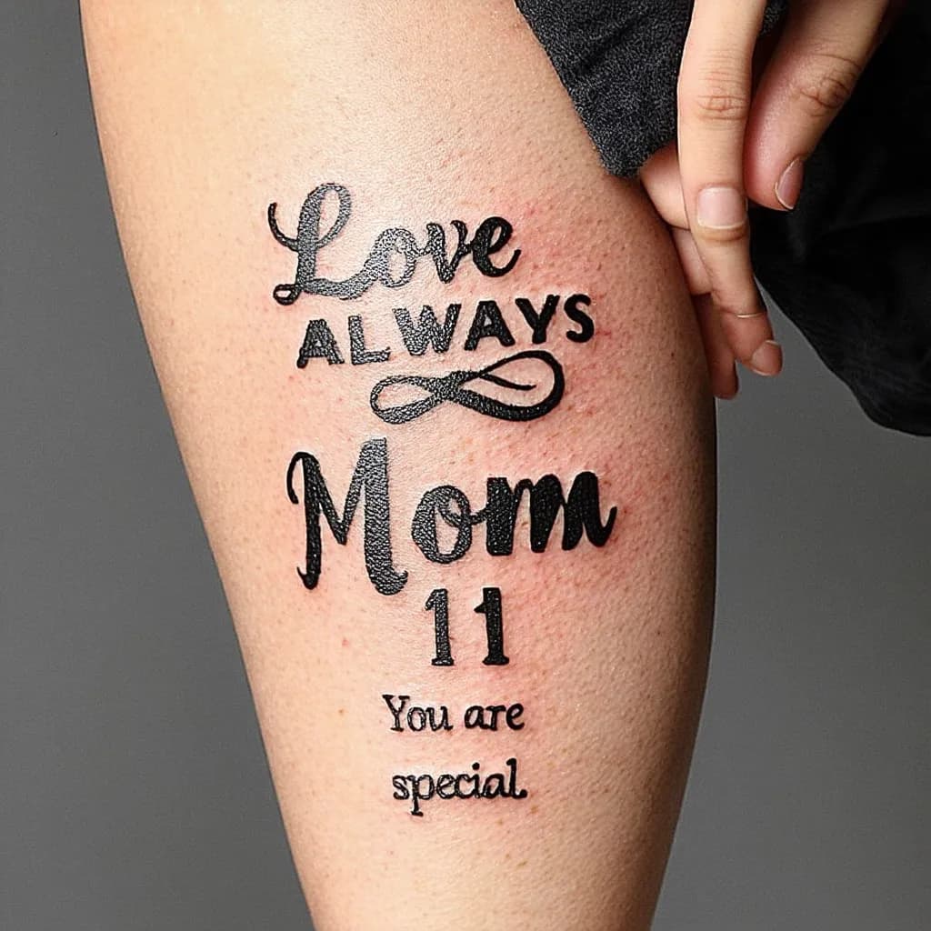 Inside right calf 'Love Always Mom #1 You are special.'