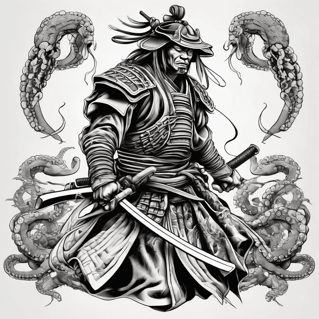 samurai for bicep to forearm tattoo with octopus