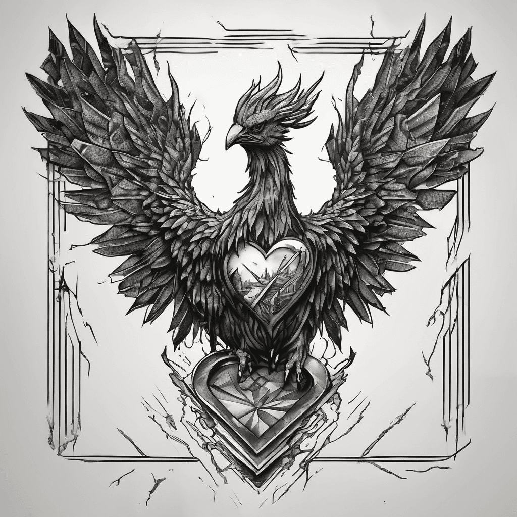 Solitary phoenix rising from chessboard ashes; heavy truck silhouette; stitched broken heart; forward arrow. Blackwork, fine-line realism.