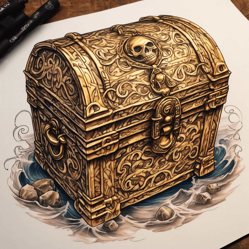 Ornate pirate treasure chest tattoo, rich gold filigree on wood, lid open filled inside with gold and gems, hidden in filigree the lettering DEB woven into patterns, chest is sitting on ocean floor fine-line detail, high-contrast shading