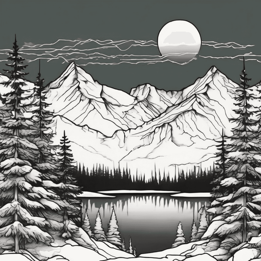 Minimalist blackwork evergreen forrest foreground, snow-capped peaks background, low contrast, wrap around