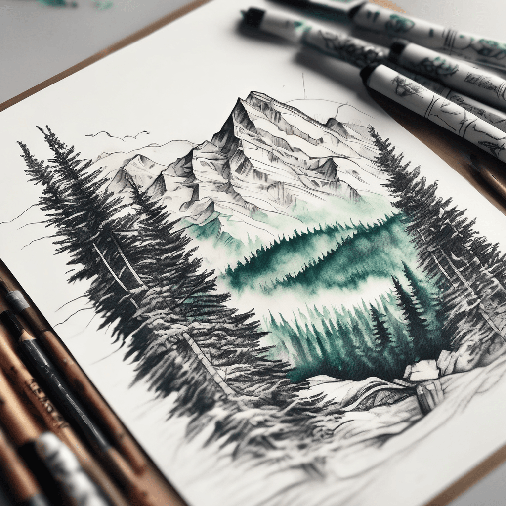 Minimalist evergreen forrest foreground, snow-capped peaks background, low contrast, wrap around.
