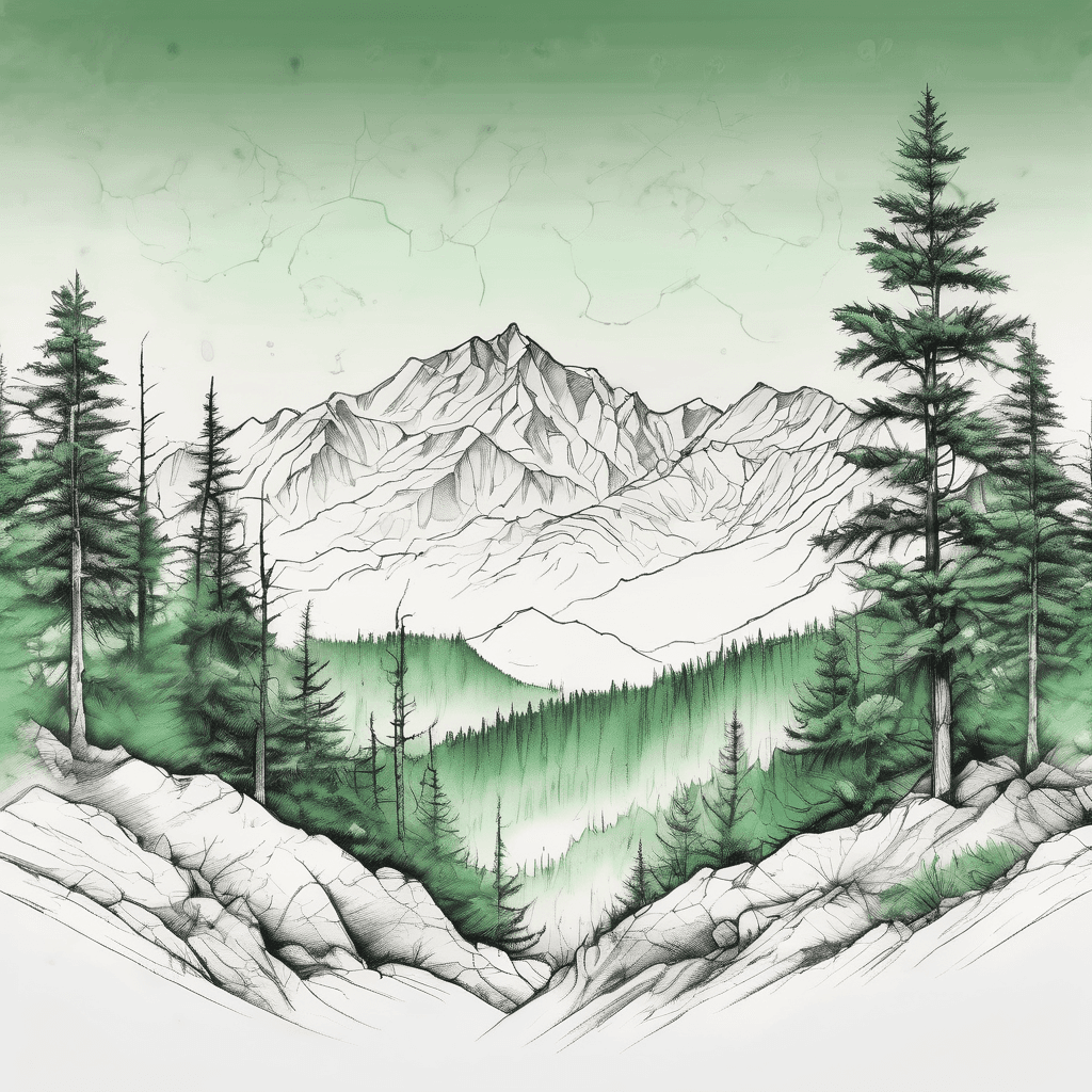 Minimalist evergreen forrest foreground seen from afar. Only use green, black and white colors. Distant snow-capped peaks are slightly visible in the background. Must be low contrast and wrap around seamlessly.