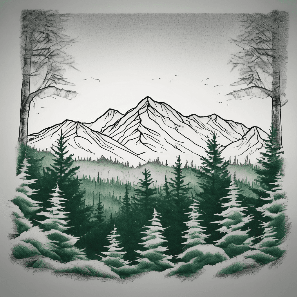 Design a quarter sleeve tattoo of a minimalist evergreen forrest foreground seen from afar, using only dark shades of green and white colors. There must be distant snow-capped peaks are slightly visible in the background, using only light grey and white. Everything must be low contrast and wrap around seamlessly. Add a single, tiny, outline of an orange fox in the forrest floor.
