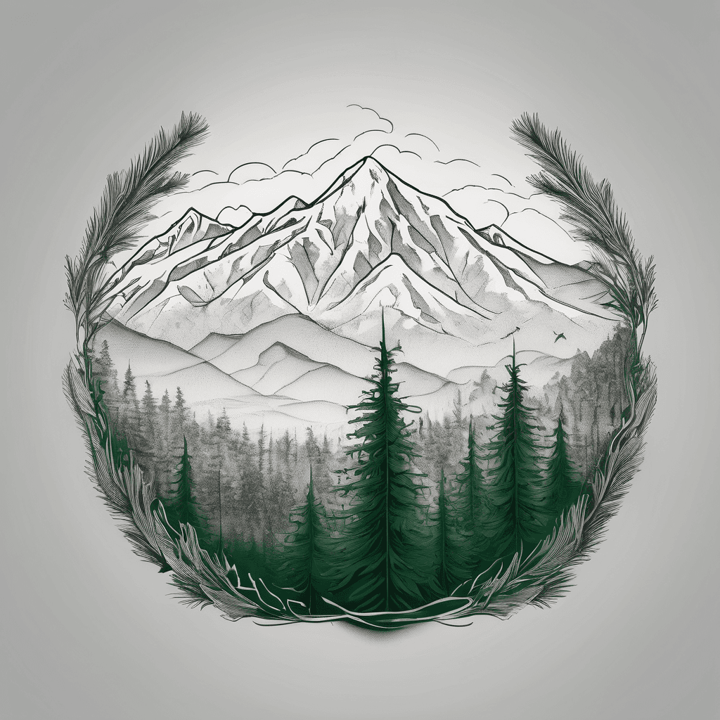 Design a quarter sleeve tattoo of a minimalist evergreen forrest foreground seen from afar, using only dark shades of green and white colors. There must be distant snow-capped peaks are slightly visible in the background, using only light grey and white. Everything must be low contrast and wrap around seamlessly. Add a single, tiny, outline of an orange fox in the forrest floor.