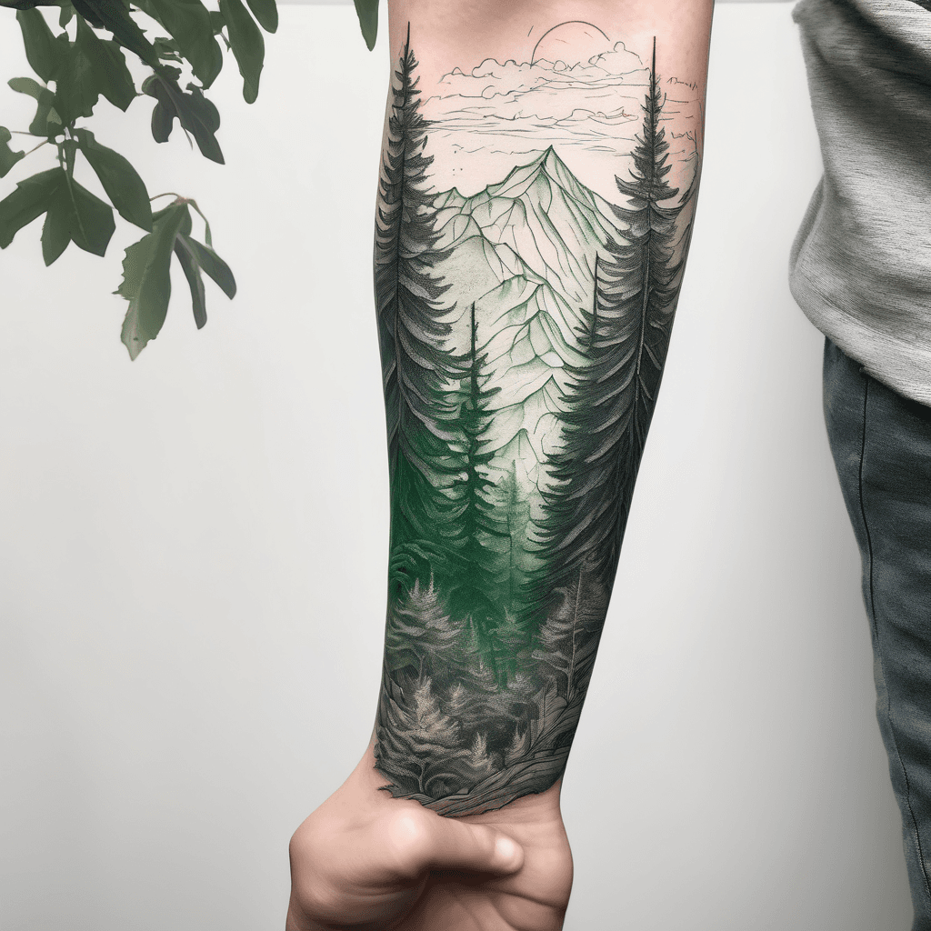 Design an arm sleeve tattoo of an evergreen forrest foreground seen from afar, using only dark shades of green and white colors. Add a single, tiny, outline of an orange fox in the forrest floor. There must be distant snow-capped peaks are slightly visible in the background, using only light grey and white. Everything must be low contrast and wrap around seamlessly. No frame. No sky.