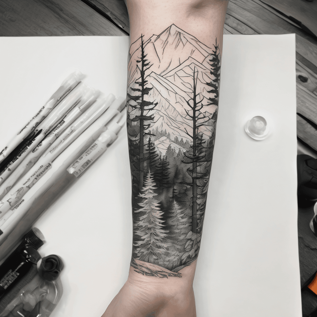 Design an arm sleeve tattoo of an evergreen forrest foreground seen from afar, using only dark shades of green and white colors. Add a single, tiny, outline of an orange fox in the forrest floor. There must be distant snow-capped peaks are slightly visible in the background, using only light grey and white. Everything must be low contrast and wrap around seamlessly. No frame. No sky.