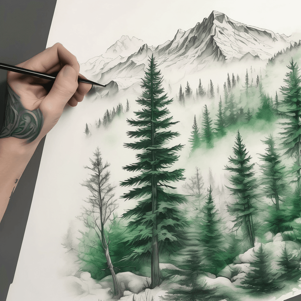 Design an arm sleeve tattoo of a fog-covered evergreen forrest with snow-capped peaks far away in the distance using only shades of green and white colors. Everything must be low contrast and wrap around seamlessly. No frame. No sky.
