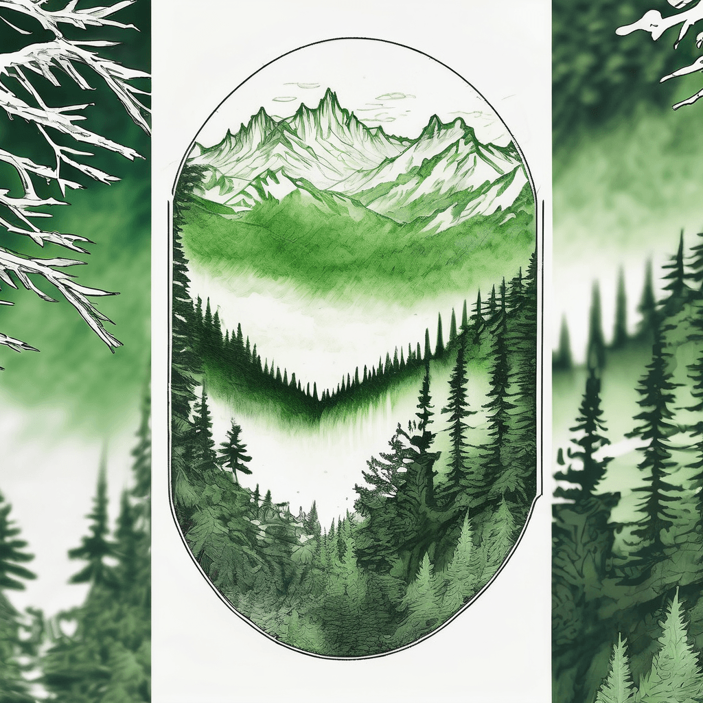 Design an arm sleeve tattoo of an evergreen forrest layered with fog and snow-capped peaks far away in the distance using only shades of green and white colors. Everything must be low contrast and wrap around seamlessly. No frame. No sky.